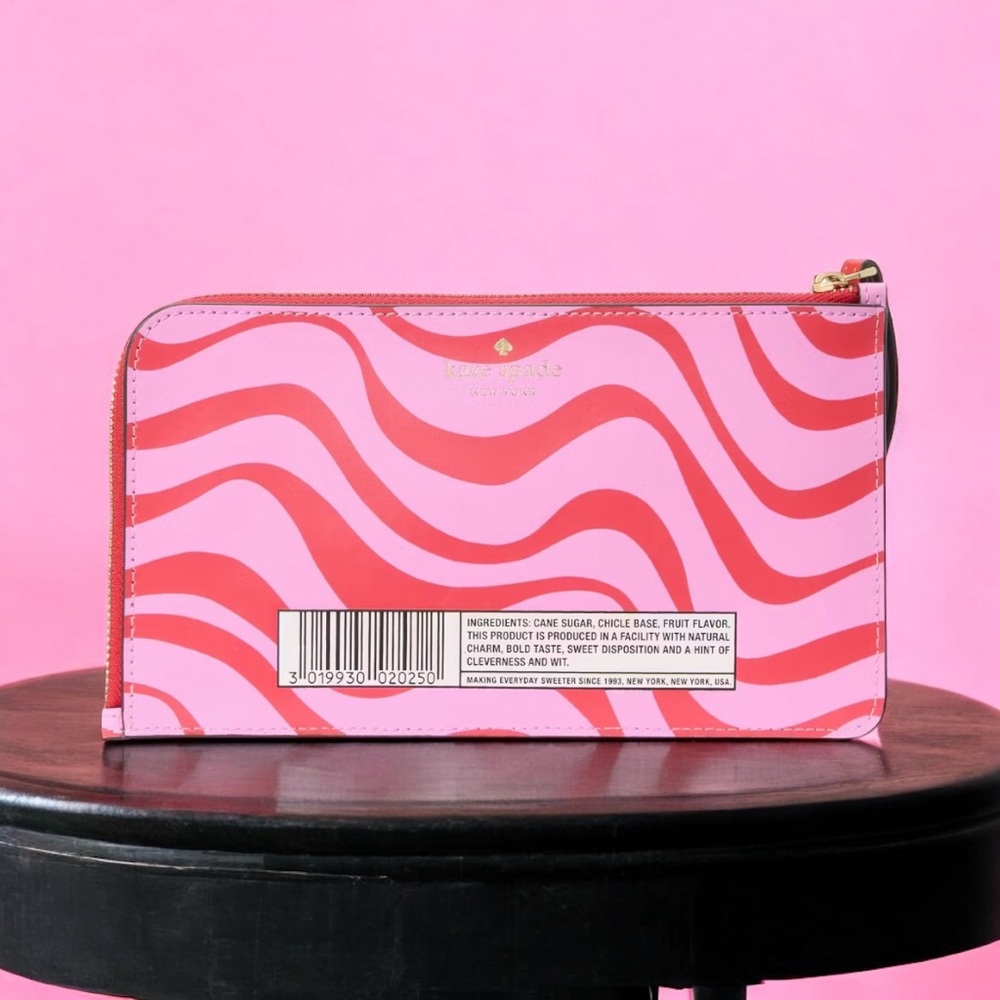 Kate Spade Sticky Situation Red & Pink Smooth Leather Bubble Gum L-Zip Wristlet - Picture 9 of 11